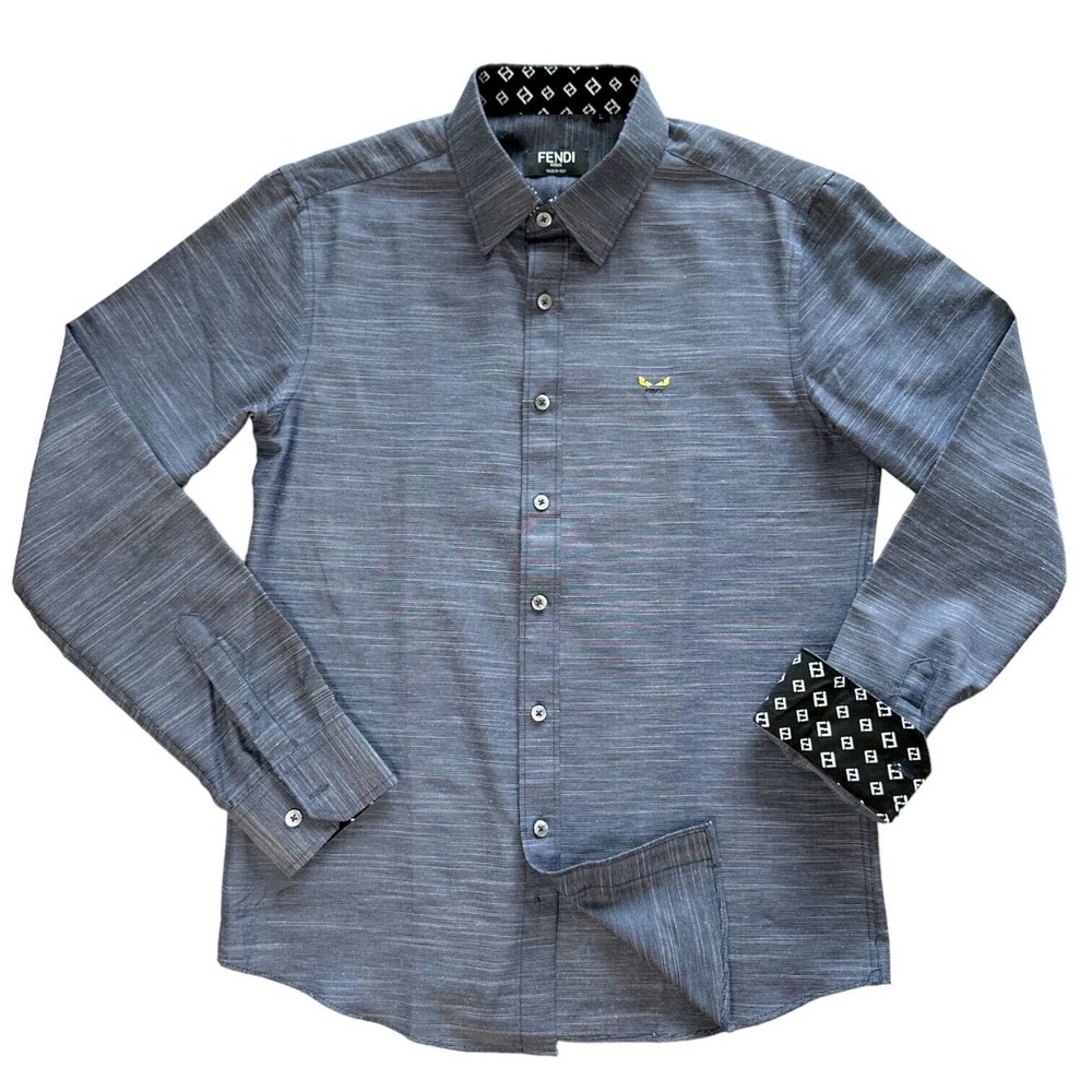 FENDI Monster Bug Eyes Monogram Button Down Shirt Indigo Slim Large AUTHENTIC